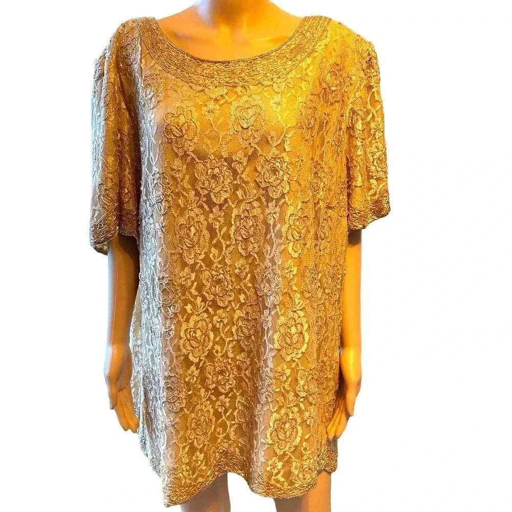 Vtg Candlelight&Champagne 100% Nylon Flower Embroidery Lace Blouse Women Sz 3X